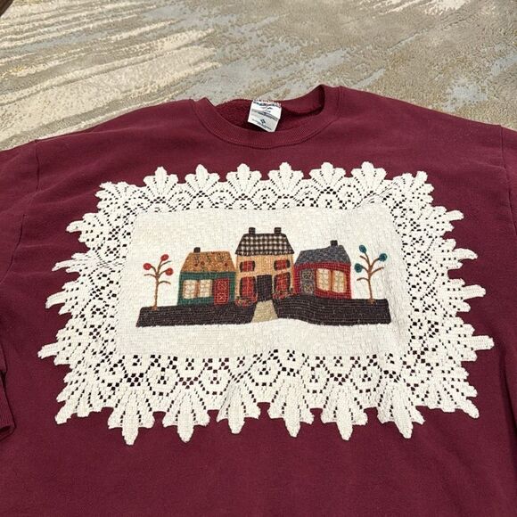 VTG Jerzees sweatshirt Heritage Lace Placemat Folk Art Primitive Houses on front - Picture 2 of 10